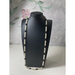 Long Pearl & Black Bead Necklace Vintage Style Necklace